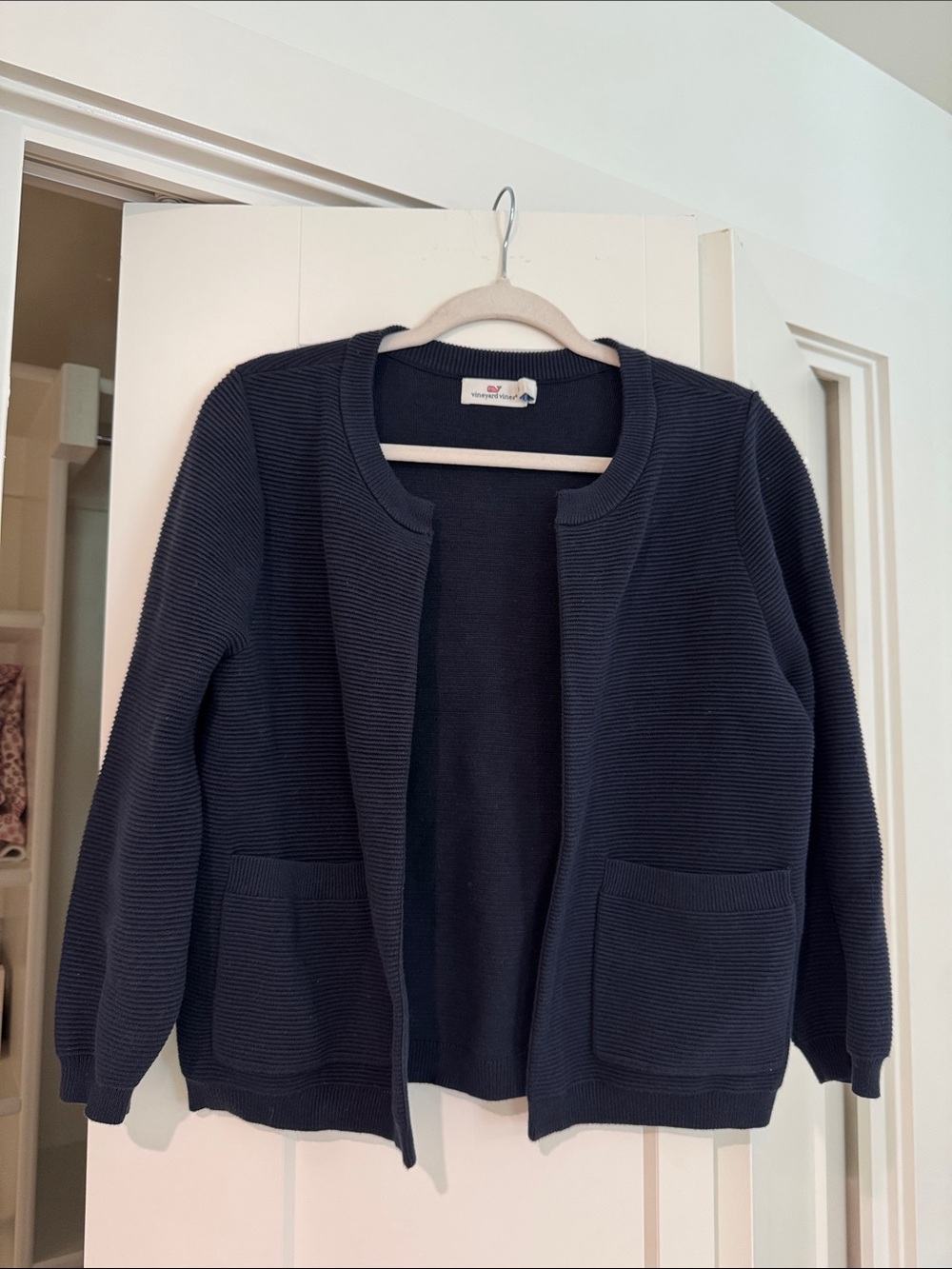 Vineyard Vines Navy Open-Front Ribbed Pocket Cardigan